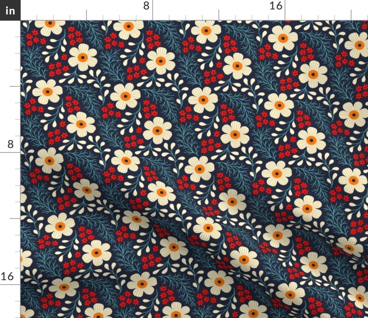 Red Leaves Hand Drawn Garden Daisy Ditsy Meadow Boho Camomile Floral Botanical Modern Cottage Cottagecore Small Scale Custom Printed Fabric by Spoonflower Various Fabrics by the Yard or Fat Quarter